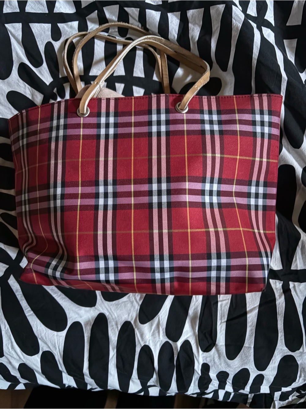 Burberry Red Plaid Tote with Tan Handles